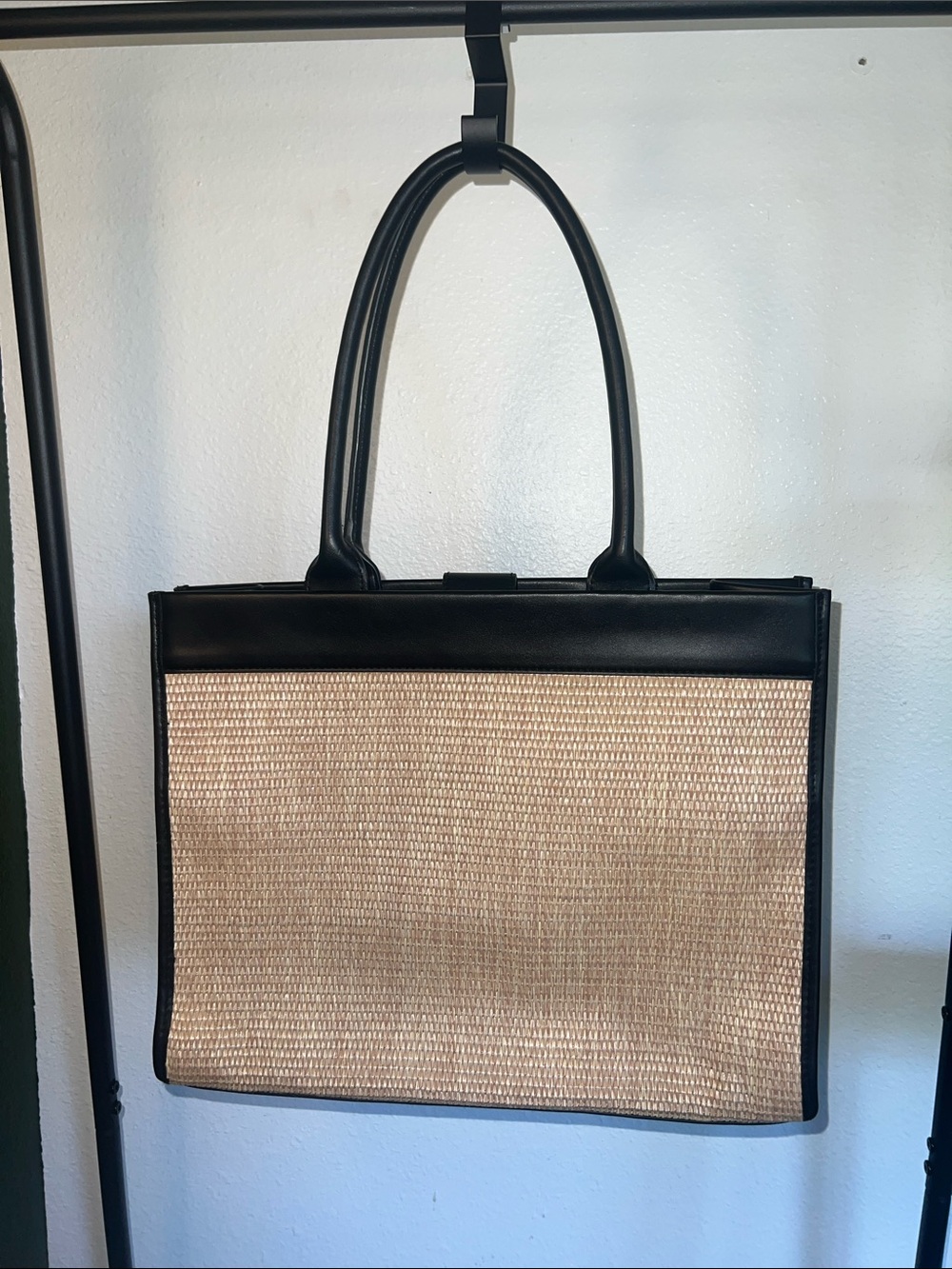 Black and Natural Woven Tote Bag work bag